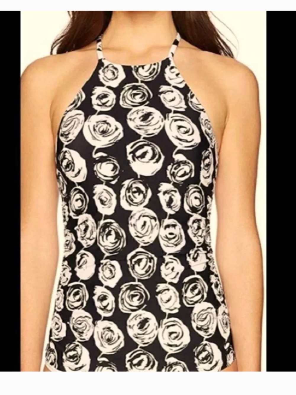 Anne Cole Medium M high neck tankini swimsuit top black whit rose print halter